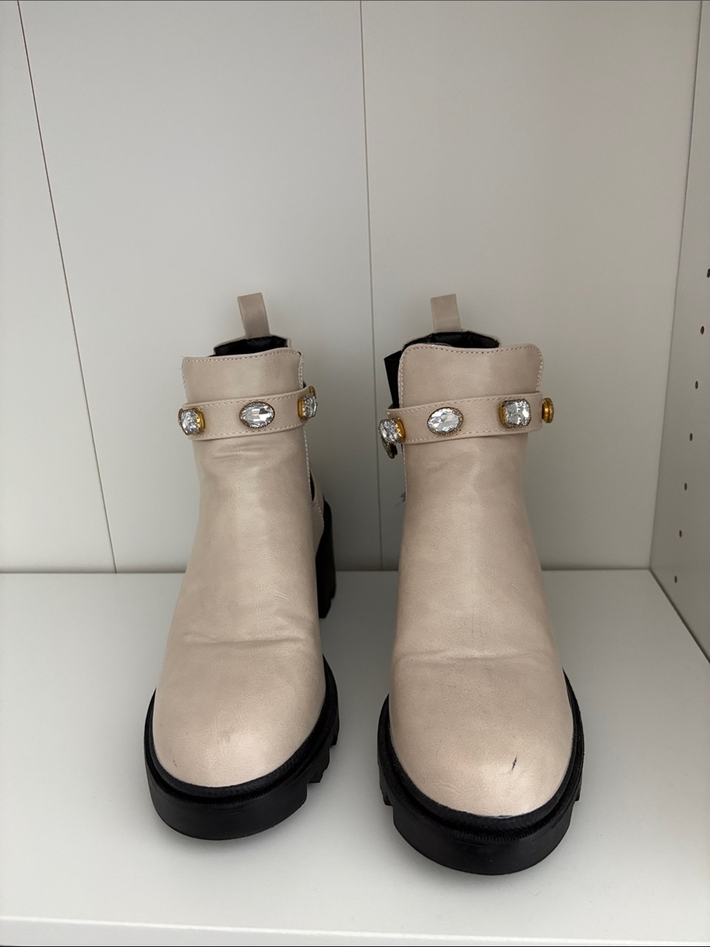 Cream Leather Ankle Booties with Jeweled Strap